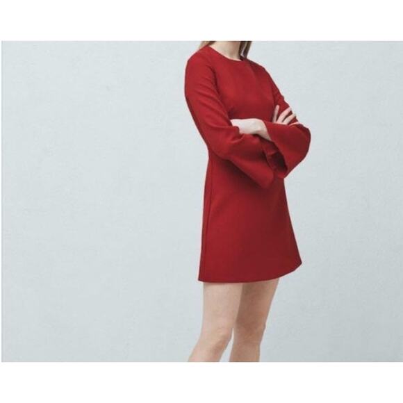 Mango Mini Dress Women's 6 Red Flared Long Sleeve Round Neck - Picture 4 of 8